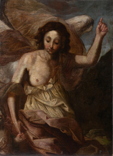 Figura femminile con bambino, XVIII secolo, olio su tela, cm 138x99, (segni di usura, abrasioni, difetti, sollevamenti e cadute di colore)