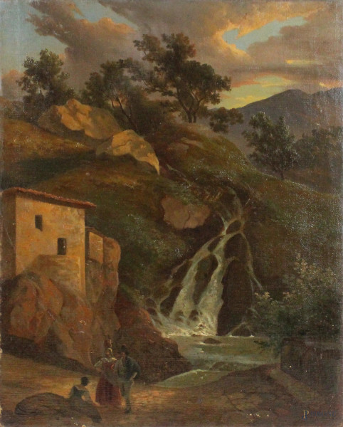 Scuola italiana del XIX secolo, Paesaggio laziale con ruscello e viandanti, olio su tela, cm. 39 x 31.5, firmato in basso a destra