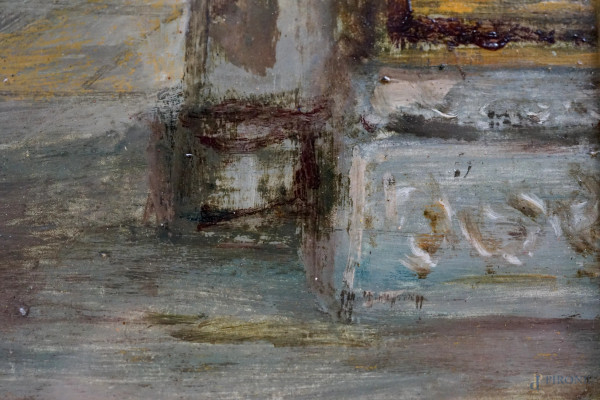 Interno di chiesa, olio su faesite, firmato, cm 33,5x25, entro cornice