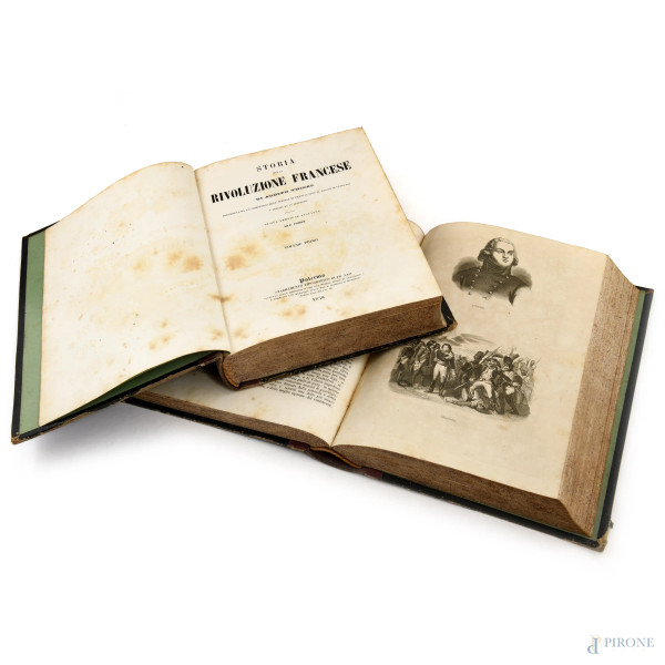 Storia della Rivoluzione francese di Adolfo Thiers, voll. I-II, 1858-1859, (segni di usura, rotture, strappi, mancanze, difetti)