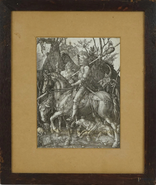 Il cavaliere, la morte e il diavolo, stampa riproduzione da Albrecht Dürer (1471-1528), cm 24x18, XX secolo, entro cornice, (macchie)