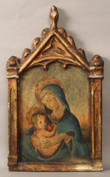 Madonna con Bambino, dipinto su tavola a forma di tempietto, cm 56x33, XVIII sec.