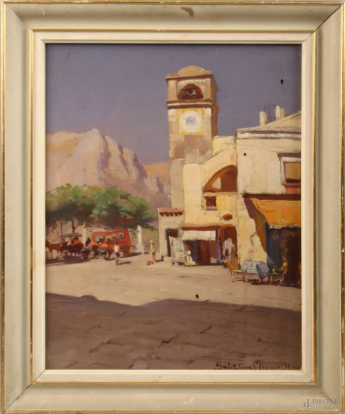 Sabatino Mirabella - Piazza di paese, olio su tavola, cm. 36x28, entro cornice.