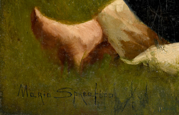 Pastorella che cuce, olio su tela, cm 91x61, firmato in basso a sinistra "Mario Spreafico"