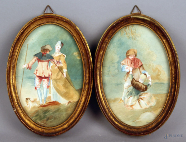 Coppia di acquarelli raffiguranti scene di corteggiamento ad assetto ovale, cm. 15x10, XIX secolo, entro cornici.