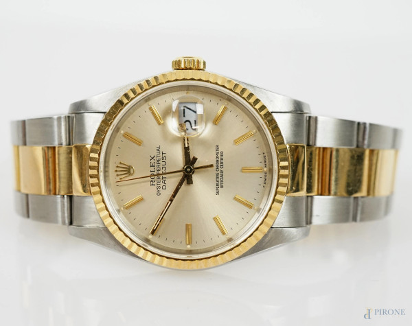 Rolex, Oyster Perpetual Datejust, orologio da polso in acciaio e oro, completo di garanzia e scatola originale, (lievi difetti, da revisionare)
