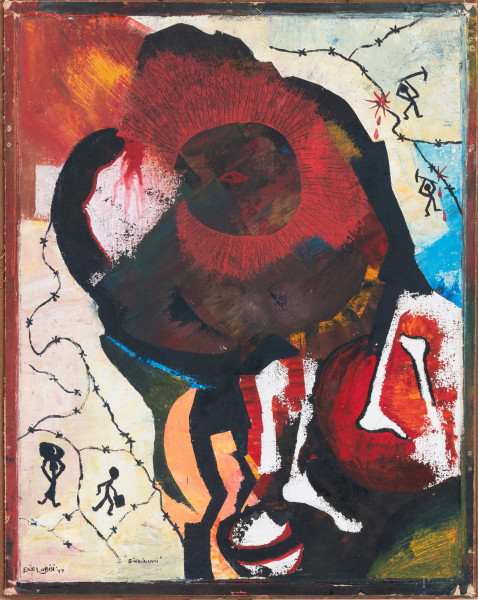 Gingirikani, XX secolo, tecnica mista su cartone telato applicato su faesite, cm  50x39,5, firmato e datato "99" in basso a sinistra, (segni di usura, piccoli fori)