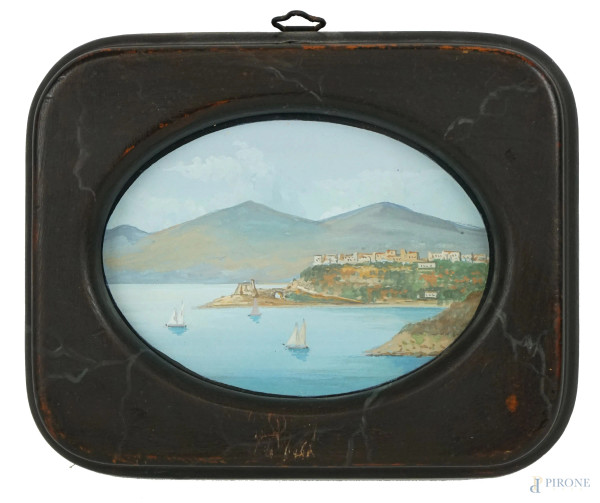 Veduta del Golfo di Napoli, gouache su carta, cm 7,5x10,5, inizi XX secolo, entro cornice.