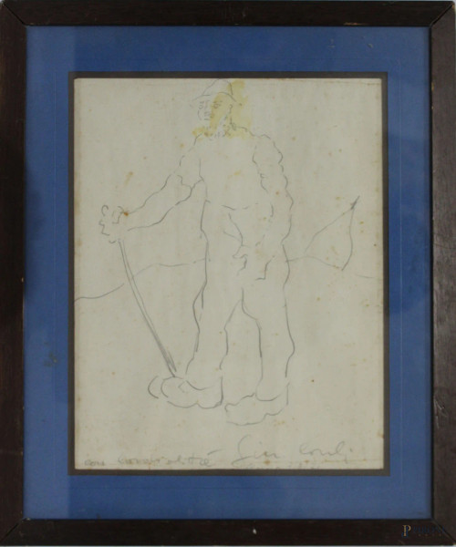 Figura di anziano, matita su carta 30x24 cm, firmato, entro cornice.