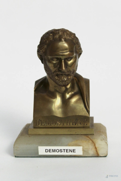 Demostene, busto in bronzo con base in alabastro, H 14,5 cm.