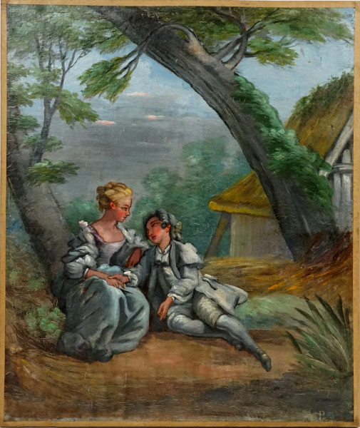 Scuola francese del XIX-XX secolo, Scena galante, olio su tela, cm 58x49