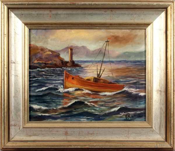 Marina con imbarcazione, olio su tavola, cm. 24x30, firmato entro cornice.