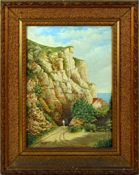 Paesaggio roccioso con strada e figura, olio su tavola, cm. 32x23, firmato entro cornice.