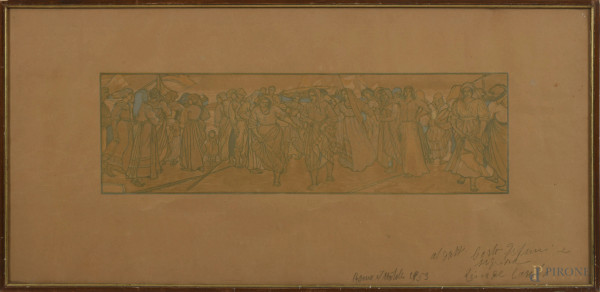 Adolfo De Carolis (1874-1928), Lo sbarco, xilografia su carta, cm 31,5x67, iscritto in basso, (segni di usura, tracce di umidità, ondulazioni della carta)