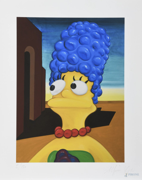 Stampa artistica raffigurante Marge Simpson in stile dechirichiano, XX secolo, cm 37x29,5, es. 2/150, firmata in basso a destra