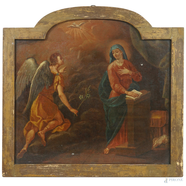 Scuola lombardo-emiliana del secolo XVIII, Annunciazione, olio su tela, cm 50x53.5, entro cornice.