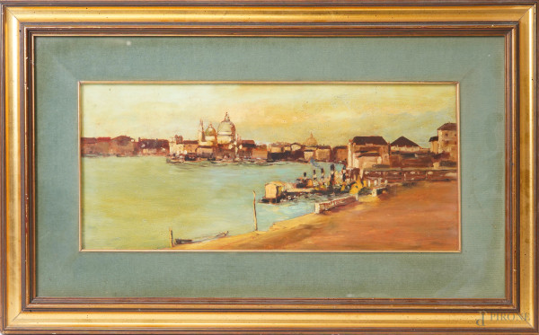 Veduta di Venezia, XX secolo, olio su tavola, cm 21,5x49, entro cornice