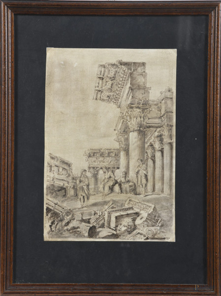 Disegno a tecnica mista su carta raffigurante figure tra rovine, XX secolo, cm 34x23, entro cornice, (segni di usura, difetti)