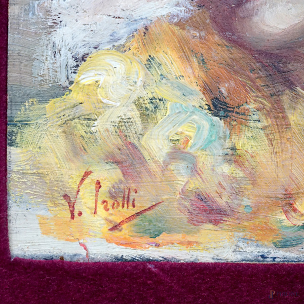 Ritratto di donna, XIX-XX secolo, olio su cartone, firmato in basso a sinistra, cm 14,5x12, entro...