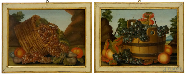 Francesco Malagoli (Modena, ? - documentato nel 1779), Coppia di nature morte raffiguranti un cesto di uva, arance e pere entro un paesaggio; un tino d'uva e arance entro un paesaggio, olio su tela, cm 39x53, entro cornice
