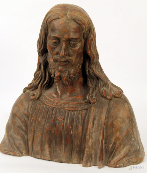 Il redentore, busto in terracotta patinata h 43x40x16 cm, XIX sec, derivazione dal Verrocchio.