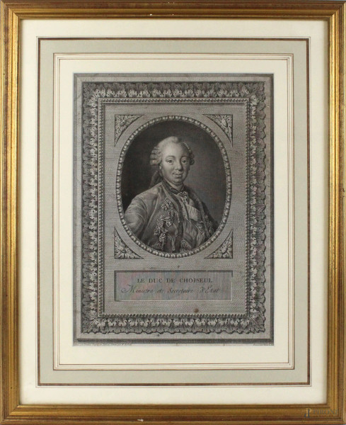 Francois Voyez Le Jeune - Le Duc de Choiseul, Ministre et Secretaire d&#39;Etat, inicisione, cm.35x25,5, XVIII secolo, entro cornice.