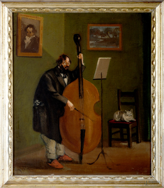 Violoncellista, olio su compensato, XX secolo, cm 47,5x40 entro cornice, (difetti)