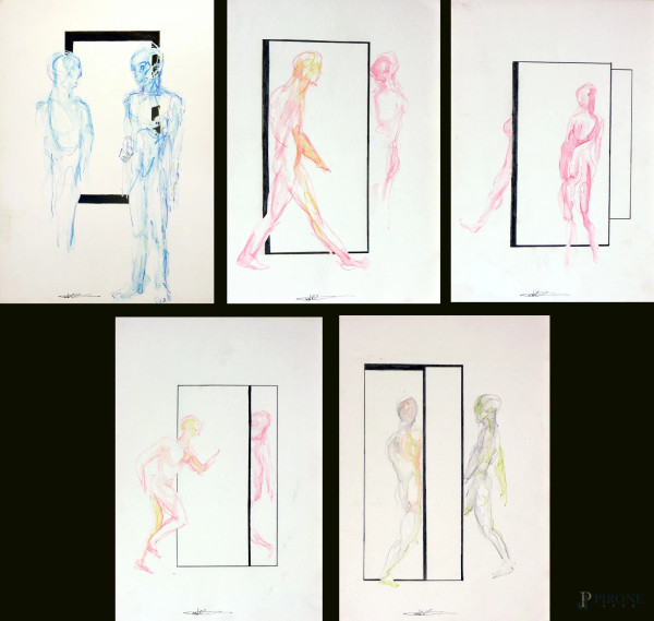 Cristiano Quagliozzi, lotto composto da cinque dipinti a tecnica mista su carta, ciascuno cm