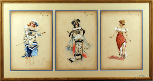 Lotto composto da tre bozzetti di costume per l&#39;opera Andrea Chenier, tecnica mista su carta, cm. 34x24, 1896 Teatro Regio Di Torino, entro un&#39;unica cornice.