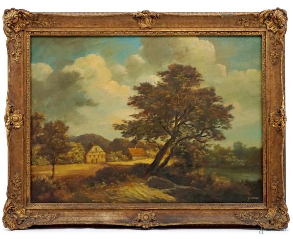 Paesaggio con casolari e alberi, olio su tela, cm 50x69, firmato G. Cafaro, entro cornice