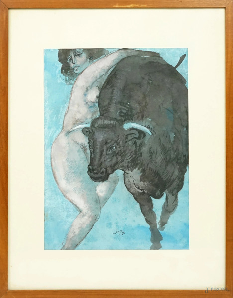 Mario Russo - Donna con toro, tecnica mista su carta, cm 32x23, entro cornice