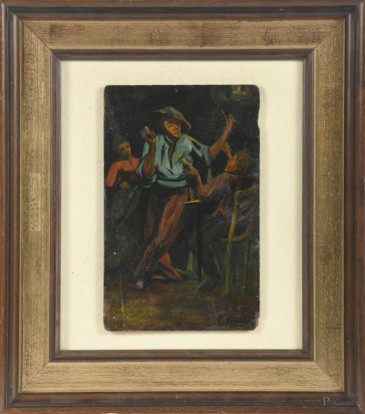 Bevitori in taverna, XX secolo, olio su tavoletta, cm 23,5x15, firmato in basso a destra, entro cornice, (sottili fessurazioni e sbeccature)