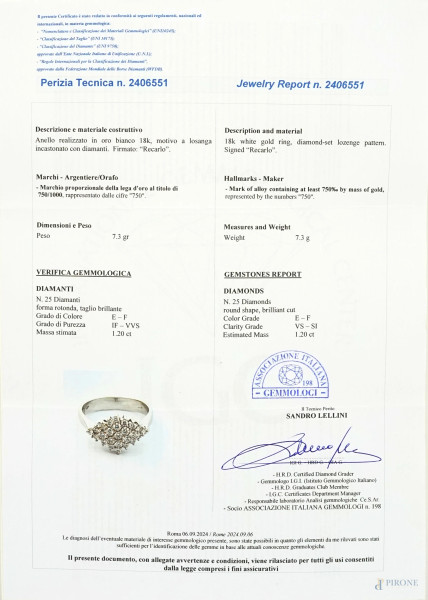 Anello Re Carlo in oro bianco 750, motivo a losanga incastonato con diamanti 1,20 CT totali, peso...