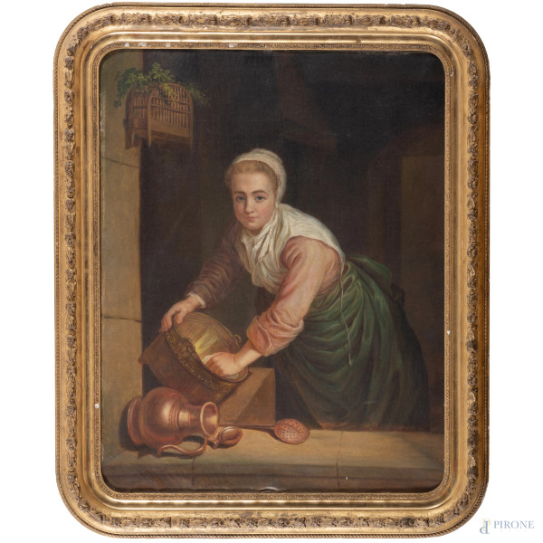 Popolana, XIX secolo, olio su tela, cm 92x73, entro cornice, (segni di usura, piccole cadute di colore)