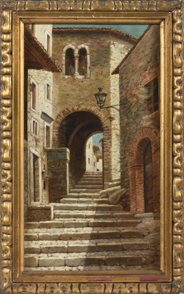 Scorcio di scalinata, XX secolo, olio su tavoletta, cm 37x20,5, firmato e datato in basso a destra, entro cornice, (lievi segni di usura, piccole abrasioni e cadute di colore)