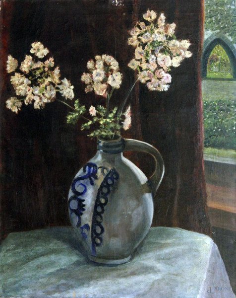 Pittore del XX sec., Vaso con fiori, olio su tela, cm 76x60.