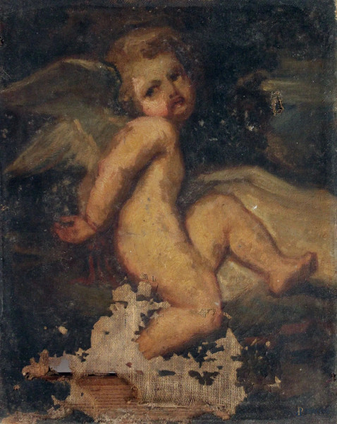 Putto, scuola francese del XIX sec., olio su tela, cm. 27x22.