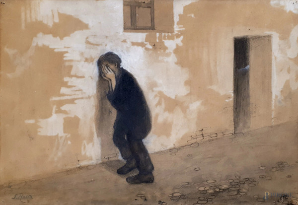 Silvio Rotta (1853-1913), Strada con figura, prima decade del Novecento, olio su cartone, cm 28x40, firmato, entro cornice.