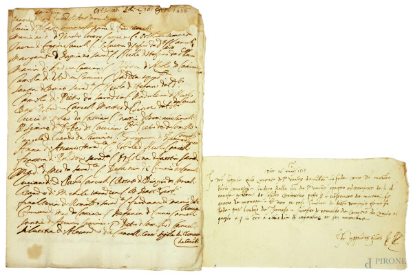 Lotto di due documenti manoscritti datati 1626 e 1515, misure max cm 27,5x20, (difetti e macchie).