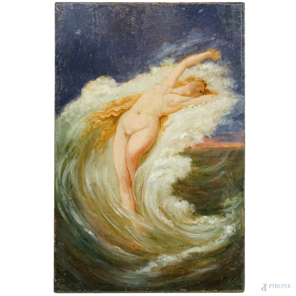 La nascita di Venere, olio su tavoletta, cm 16x10,5, XIX-XX secolo.