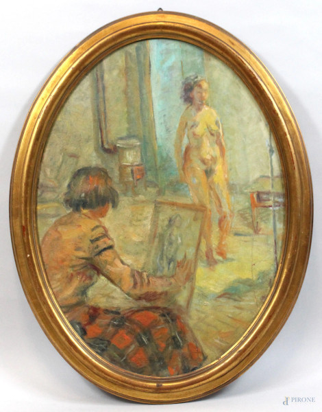 L&#39;atelier dell&#39;artista, olio su cartone ad assetto ovale, cm 60x45, XX secolo, entro cornice, (difetti sulla tela)