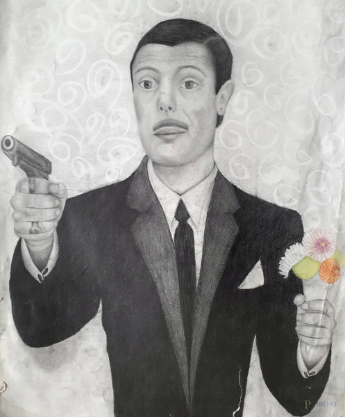 Bozzetto cinematografico raffigurante Marcello Mastroianni in una scena di film, grafite e pastelli colorati su carta, cm 46x55, iscritto al retro Valerio Margari
