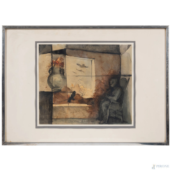 Torna l'autunno, acquerello su carta, cm 33,5x38,5, firmato e datato "1970" in basso, entro cornice (ondulazioni della carta)