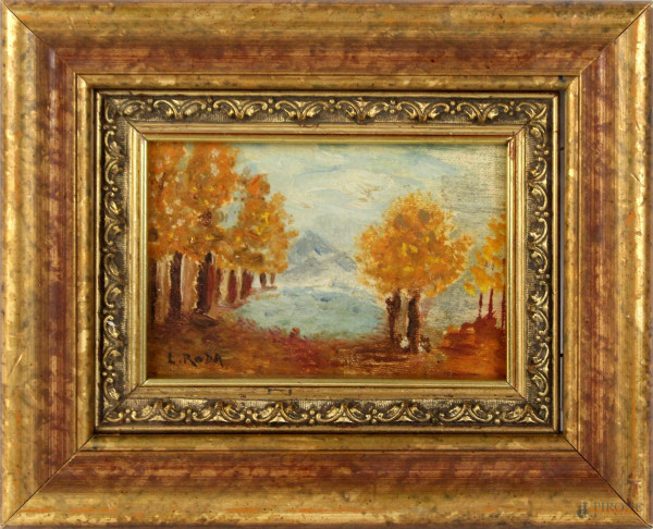 Paesaggio autunnale con Monte Cervino, olio su cartone telato, cm. 10x15, firmato, entro cornice.