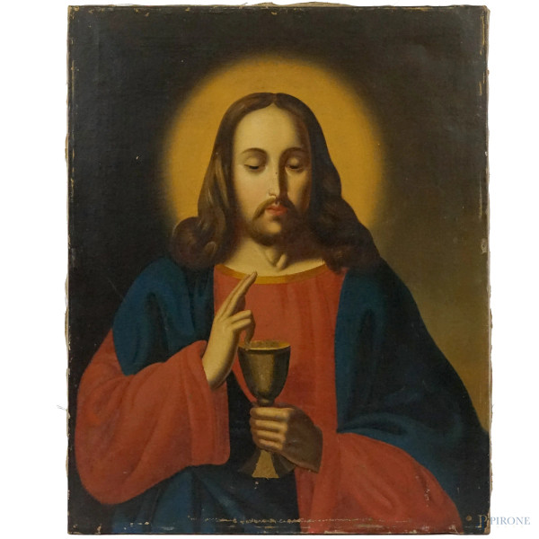 Pittore del XIX-XX secolo, Cristo benedicente con il calice del vino, olio su tela, cm68,5x55,5, (cadute di colore)