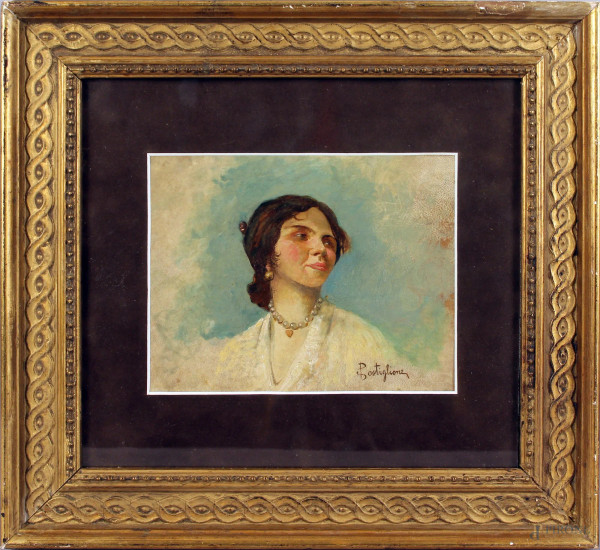 Salvatore Postiglione - Ritratto di donna, olio su cartone, cm. 16x20, entro cornice.
