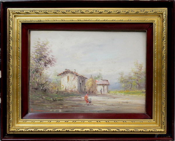 Paesaggio con case e figure, olio su tavola, cm. 35x50, firmato, entro cornice.