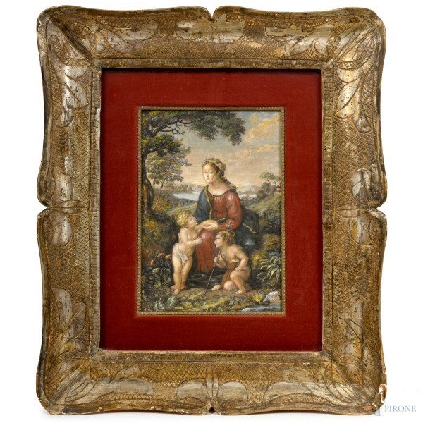 Stampa ritoccata da "La Bella  Giardiniera" di Raffaello Sanzio, cm 33,5x23,5, entro cornice, (difetti)