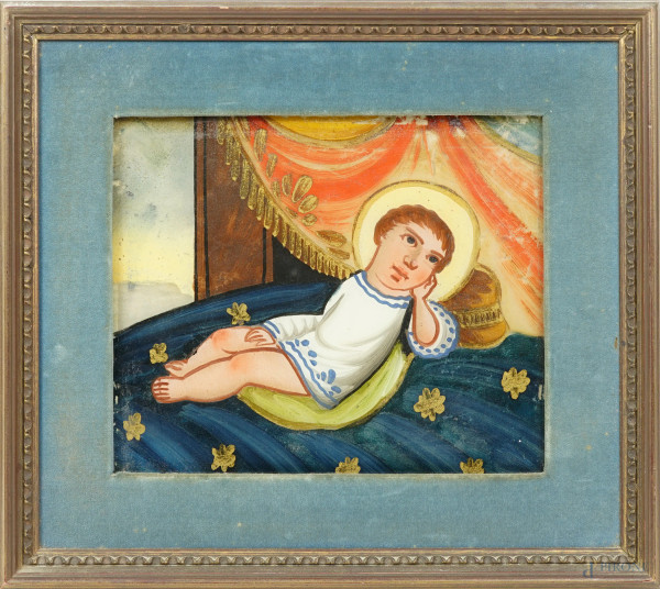 Scuola dell'Italia meridionale del XIX secolo, Gesù Bambino, olio sottovetro, cm 22,5x27 circa, entro cornice