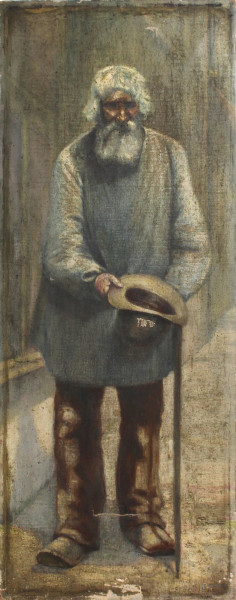 Il mendicante, olio su tela, cm. 55x21, XX secolo, (difetti alla tela).